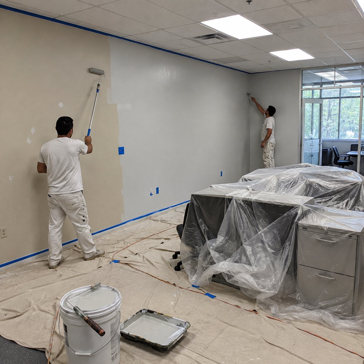 Two professional painters repainting an office interior during a commercial painting project in Arvada, Colorado