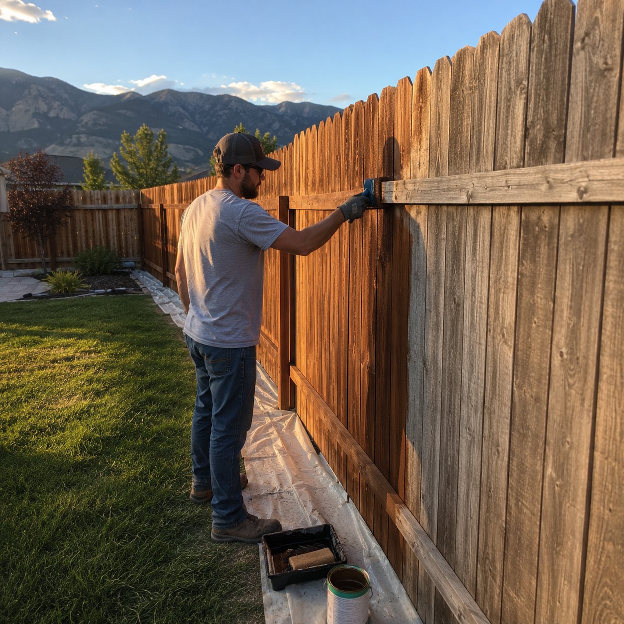 Professional applying stain to a wood privacy fence in a backyard in Arvada, Colorado