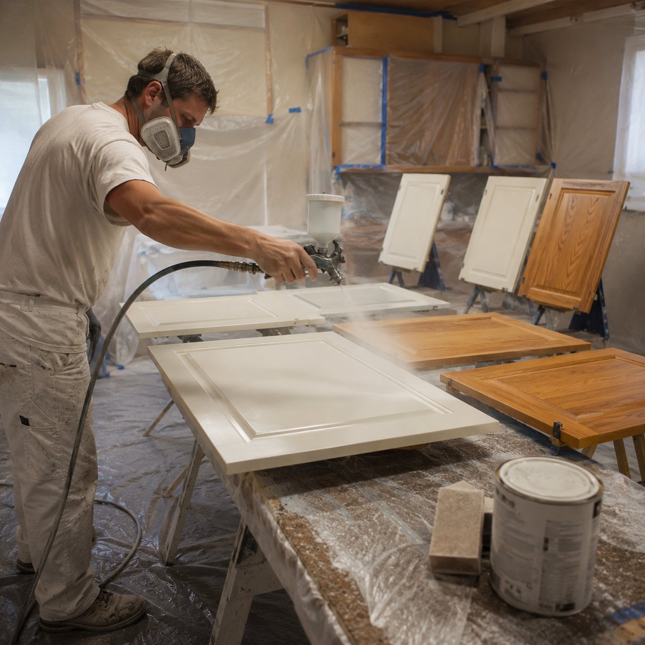 Professional spray-finishing kitchen cabinet doors during a cabinet refinishing project in Arvada, Colorado